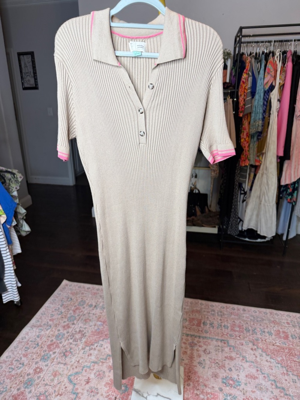 Anthropologie Saturday Sunday Ribbed Polo Maxi Dress in Taupe with Pink Trim